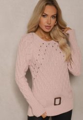 Jasnoróżowy Sweter z Ozdobnym Paskiem i Splotem Vittella. Czerwone swetry nierozpinane damskie Renee, m, z aplikacjami, z jeansu, casualowe, bez kołnierzyka, bez ramiączek. Za 109.99 zł.