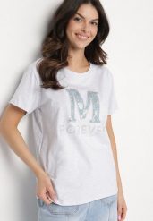 Jasnoszary T-shirt z Bawełny Ozdobiony Napisem i Cyrkoniami Olireth. Szare t-shirty damskie Born2be, l, bez wzorów, z bawełny, eleganckie, bez kołnierzyka, bez ramiączek. Za 34.99 zł.