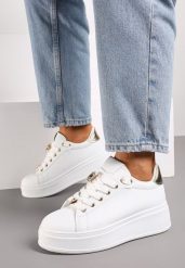 Biało-Złote Sportowe Sneakersy z Aplikacją w Kształcie Owada i Cyrkoniami Renice. Białe obuwie sportowe damskie Renee, z aplikacjami, z jeansu, bez zapięcia. Za 79.99 zł.