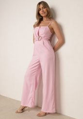 Różowy Kombinezon Elegancki z Paskiem i Ozdobną Klamrą oraz Kieszeniami Iolaia. Czerwone sukienki damskie Born2be, na co dzień, m, bez wzorów, eleganckie, bez kołnierzyka, bez ramiączek, kopertowe. Za 159.99 zł.