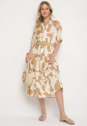 Beżowa Wiskozowa Sukienka z Geometrycznym Wzorem Filarin. Brązowe sukienki damskie Born2be, na co dzień, na wiosnę, l, bez wzorów, z wiskozy, eleganckie, bez kołnierzyka, bez ramiączek, midi, proste. Za 79.99 zł.