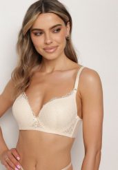 Beżowy Biustonosz Push-Up Ozdobiony Koronką Dimessta. Brązowe biustonosze Born2be, bez wzorów, z jeansu. Za 34.99 zł.
