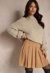 Beżowa Spódnica z Wiskozą o Rozkloszowanym Kroju z Plisami i Gumką w Pasie w Stylu Preppy Iliola. Brązowe spódnice damskie Renee, na co dzień, l, bez wzorów, z wiskozy, eleganckie, mini, koszulowe. Za 79.99 zł.