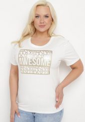 Biały Bawełniany T-shirt z Ozdobnym Napisem Floerin. Białe t-shirty damskie Born2be, xl, z aplikacjami, z bawełny, eleganckie, bez kołnierzyka, bez ramiączek. Za 34.99 zł.