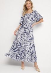 Granatowa Bawełniana Sukienka Rozkloszowana w Liście Alaniva. Niebieskie sukienki damskie Born2be, na co dzień, na lato, l, bez wzorów, z bawełny, eleganckie, bez kołnierzyka, bez ramiączek, maxi, rozkloszowane. Za 49.99 zł.