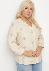 Beżowa Koszula z Wiskozą Zdobiona Haftem z Metaliczną Nicią Parlivia. Brązowe koszule damskie Born2be, plus size, z aplikacjami, z jeansu, eleganckie, bez kołnierzyka, bez ramiączek. Za 84.99 zł.