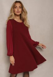 Bordowa Rozkloszowana Sukienka z Bufiastymi Rękawami z Siateczki Edanithe. Czerwone sukienki damskie Renee, na co dzień, l, bez wzorów, eleganckie, bez kołnierzyka, bez ramiączek, mini, kopertowe. Za 74.99 zł.
