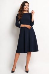 Granatowa Elegancka Rozkloszowana Sukienka Midi z Rękawem 3/4. Czerwone sukienki damskie Awama, l, bez wzorów, z elastanu, eleganckie, bez kołnierzyka, bez ramiączek, midi, rozkloszowane. Za 197.90 zł.