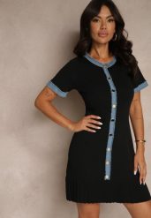 Czarna Taliowana Sukienka z Dzianiny z Wiskozą z Ozdobnymi Guzikami i Falbanką Natinese. Czarne sukienki damskie Renee, na co dzień, m, bez wzorów, z dzianiny, eleganckie, bez kołnierzyka, bez ramiączek, mini. Za 99.99 zł.