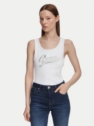 Guess Top W6YP30 K4380 Biały Slim Fit. Białe topy damskie Guess, xl, z aplikacjami, z syntetyku, bez kołnierzyka, bez ramiączek. Za 194.99 zł.