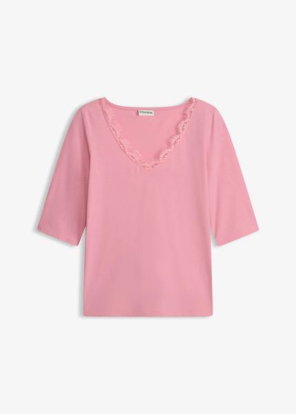 Koszulka z koronką. Czerwone bluzki damskie bonprix, bez wzorów, z koronki, eleganckie, bez kołnierzyka, bez ramiączek. Za 34.99 zł.