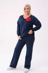 Bawełniany granatowy komplet dresowy Comfy - bluza z różą + długie spodnie PLUS SIZE XXL OVERSIZE JESIEŃ. Niebieskie bluzy damskie Moda Size Plus Iwanek, na jesień, plus size, z aplikacjami, z bawełny, biznesowe, bez ramiączek, bez kaptura. Za 349.90 zł.