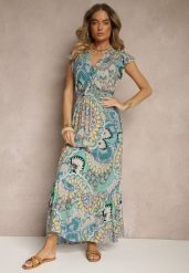 Zielono-Żółta Sukienka z Bawełny w Stylu Boho z Kopertowym Dekoltem Dillana. Zielone sukienki damskie Renee, l, bez wzorów, z bawełny, boho, bez kołnierzyka, bez ramiączek, maxi, kopertowe. Za 49.99 zł.