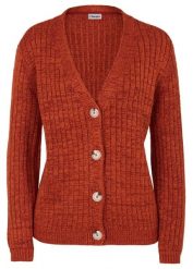 Sweter rozpinany z dzianiny o splocie dużych oczek, z bawełny z recyklingu. Brązowe kardigany damskie bonprix, bez wzorów, z bawełny, bez kołnierzyka. Za 107.99 zł.