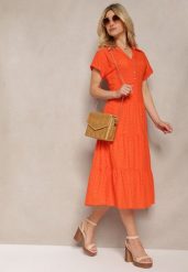 Pomarańczowa Ażurowa Sukienka z Bawełny z Krótkim Rękawem i Guzikami Obitha. Brązowe sukienki damskie Renee, na lato, m, w ażurowe wzory, z bawełny, eleganckie, bez kołnierzyka, bez ramiączek, midi, rozkloszowane. Za 149.99 zł.