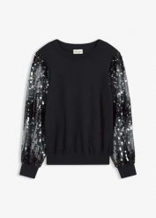 Cienki sweter z rękawami zdobionymi cekinami. Czarne swetry nierozpinane damskie bonprix, z aplikacjami, bez kołnierzyka, bez ramiączek. Za 144.99 zł.