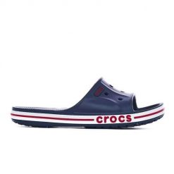 Klapki męskie Crocs Bayaband Slide. Niebieskie klapki męskie Crocs, bez wzorów, z materiału, bez zapięcia. Za 119.99 zł.