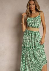 Zielona Bawełniana Sukienka w Geometryczny Wzór Koloniela. Zielone sukienki damskie Renee, na co dzień, l, bez wzorów, z bawełny, eleganckie, bez kołnierzyka, bez ramiączek, midi. Za 39.99 zł.