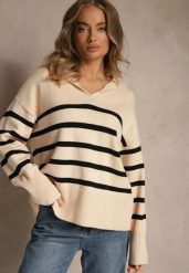 Czarno-Beżowy Sweter w Paski z Dekoltem w Serek z Kołnierzykiem Ralinavia. Czarne swetry nierozpinane damskie Renee, s, bez wzorów, z jeansu, casualowe, bez kołnierzyka, bez ramiączek. Za 99.99 zł.