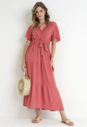 Ciemnoróżowa Sukienka Maxi z Gumką w Talii i Materiałowym Paskiem Kiriane. Czerwone sukienki damskie Born2be, na lato, m, bez wzorów, z materiału, bez kołnierzyka, plus size, bez ramiączek, maxi. Za 64.99 zł.