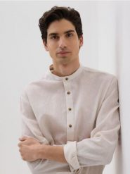 Koszula regular fit z lnem - beżowy. Brązowe koszule męskie Reserved, l, bez wzorów, z bawełny, bez kołnierzyka, bez ramiączek. Za 129.99 zł.