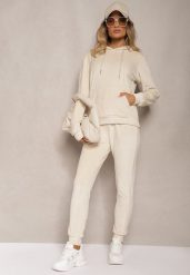 Jasnobeżowy Komplet Dresowy z Weluru Spodnie z Gumką w Pasie i Bluza z Kapturem Lelaria. Brązowe bluzy damskie Renee, l, bez wzorów, z dresówki, bez ramiączek, z kapturem. Za 44.99 zł.