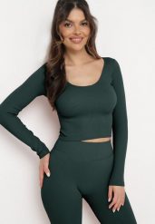 Zielona Prążkowana Bluzka o Skróconym Dopasowanym Fasonie Caladiva. Zielone bluzki damskie Born2be, bez wzorów, z materiału, bez kołnierzyka, bez ramiączek. Za 24.99 zł.