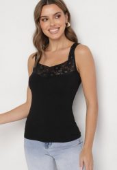 Czarny Top z Bawełny Ozdobiony Koronkową Wstawką Arithara. Czarne topy damskie Born2be, l, bez wzorów, z bawełny, eleganckie, bez kołnierzyka, bez ramiączek. Za 19.99 zł.