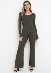 Ciemnozielony Wiskozowy Kombinezon Bodycon z Prążkowaniem i Suwakiem Alnorema. Zielone sukienki damskie Born2be, bez wzorów, prążkowane, eleganckie, bez kołnierzyka, bez ramiączek, bodycon. Za 129.99 zł.