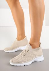 Beżowe Wsuwane Buty Sportowe Sneakersy z Imitacją Sznurówek Tatanoris. Brązowe obuwie sportowe damskie Renee, bez wzorów, z jeansu, bez zapięcia. Za 59.99 zł.