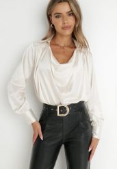 Jasnobeżowa Bluzka z Lejącym Dekoltem Somara. Brązowe bluzki damskie Born2be, l, bez wzorów, z satyny, eleganckie, bez kołnierzyka, bez ramiączek. Za 119.99 zł.
