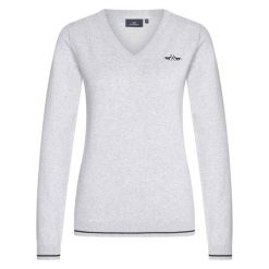 Damski sweter z dekoltem w szpic HV Polo Debby. Szare swetry nierozpinane damskie HV POLO, na zimę, bez wzorów, bez kołnierzyka, bez ramiączek. Za 340.00 zł.