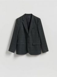 Marynarka slim fit z wiskozą - ciemnozielony. Zielone garnitury męskie Reserved, l, bez wzorów, z tkaniny, bez kołnierzyka, bez ramiączek. Za 359.99 zł.