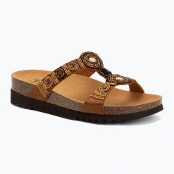 Klapki damskie Scholl New Bogota Wedge Med. Brązowe klapki damskie Scholl, bez wzorów, z gumy, klasyczne, bez obcasa, bez zapięcia. Za 289.99 zł.