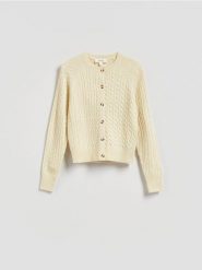 Kardigan z wełną i domieszką kaszmiru - złamana biel. Kardigany damskie Reserved, l, bez wzorów, z dzianiny, bez kołnierzyka. Za 259.99 zł.