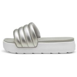 Klapki Puma Karmen Slide Puffy, Kobiety. Szare klapki damskie Puma, bez wzorów, z materiału, bez obcasa, bez zapięcia. Za 199.99 zł.