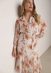 Pomarańczowa Zwiewna Sukienka z Długim Rękawem Falbanami i Wiązanym Paskiem Aezera. Brązowe sukienki damskie Born2be, do pracy, l, bez wzorów, z jeansu, biznesowe, bez kołnierzyka, bez ramiączek, maxi, proste. Za 229.99 zł.