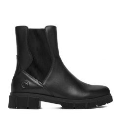 Botki Remonte. Czarne botki damskie Remonte, bez wzorów, bez obcasa, na płaskiej podeszwie, bez zapięcia. Za 469.99 zł.