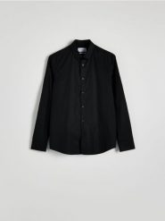 Bawełniana koszula slim fit - czarny. Czarne koszule męskie Reserved, l, bez wzorów, z bawełny, bez kołnierzyka, bez ramiączek. Za 119.99 zł.