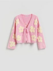 Wzorzysty kardigan - różowy. Czerwone kardigany damskie Reserved, l, bez wzorów, z dzianiny, bez kołnierzyka. Za 139.99 zł.