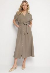 Zielona Sukienka z Bawełny o Koszulowym Kroju z Wiązanym Paskiem Elanitiela. Zielone sukienki damskie Born2be, na co dzień, m, bez wzorów, z bawełny, eleganckie, bez kołnierzyka, bez ramiączek, maxi, koszulowe. Za 149.99 zł.