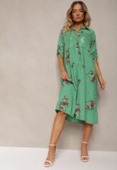 Ciemnozielona Koszulowa Bawełniana Sukienka Zapinana na Guziki Nuramla. Zielone sukienki damskie Renee, na co dzień, na wiosnę, uniwersalny, bez wzorów, z bawełny, eleganckie, bez kołnierzyka, bez ramiączek, midi, kopertowe. Za 99.99 zł.