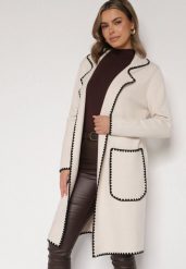 Beżowy Kardigan Ozdobiony Lamówką Tusbena. Brązowe kardigany damskie Born2be, bez wzorów, z jeansu, eleganckie, bez kołnierzyka. Za 139.99 zł.