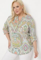 Zielono-Beżowa Bluzka Koszula z Guzikami Przy Dekolcie w Ornamentalny Print Indafare. Zielone bluzki damskie Born2be, xl, bez wzorów, z jeansu, biznesowe, bez kołnierzyka, bez ramiączek. Za 69.99 zł.