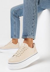 Beżowe Sneakersy na Platformie z Ekoskóry ze Sznurowaniem Hionusa. Brązowe obuwie sportowe damskie Born2be, bez wzorów, bez zapięcia. Za 84.99 zł.