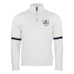 Sweter z kołnierzem 1/2 zip Peak Mountain Casta. Białe swetry męskie Peak Mountain, bez wzorów, sportowe, bez kołnierzyka, bez ramiączek. W wyprzedaży za 286.50 zł.
