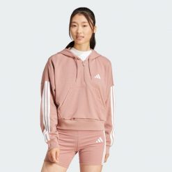 Bluza z kapturem Essentials 3-Stripes French Terry Quarter-Zip. Białe bluzy damskie Adidas, l, bez wzorów, z materiału, bez ramiączek, z kapturem. Za 259.00 zł.