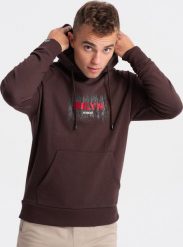 Ombre Męska bluza klasyczna kangurka z nadrukiem - ciemnobrązowa V2 OM-SSPS-0150 XL. Brązowe bluzy męskie Ombre, m, bez wzorów, klasyczne, bez ramiączek, bez kaptura. Za 59.99 zł.