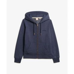 Damska bluza z kapturem zapinana na zamek Superdry Logo Essential. Niebieskie bluzy damskie Superdry, bez wzorów, bez ramiączek, z kapturem. Za 327.70 zł.