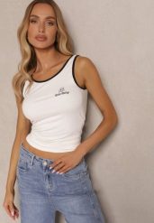 Biały Top z Wiskozą i Ozdobnym Nadrukiem Amotia. Białe topy damskie Renee, m, bez wzorów, z jeansu, bez kołnierzyka, bez ramiączek. Za 39.99 zł.